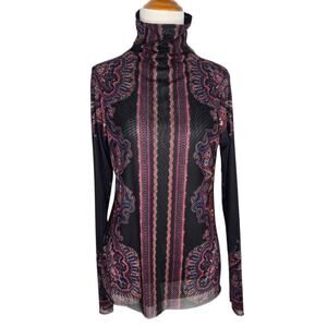 Hale Bob Women Mesh Art To Wear Mock Turtleneck Sheer Hippie Psychedelic Medium